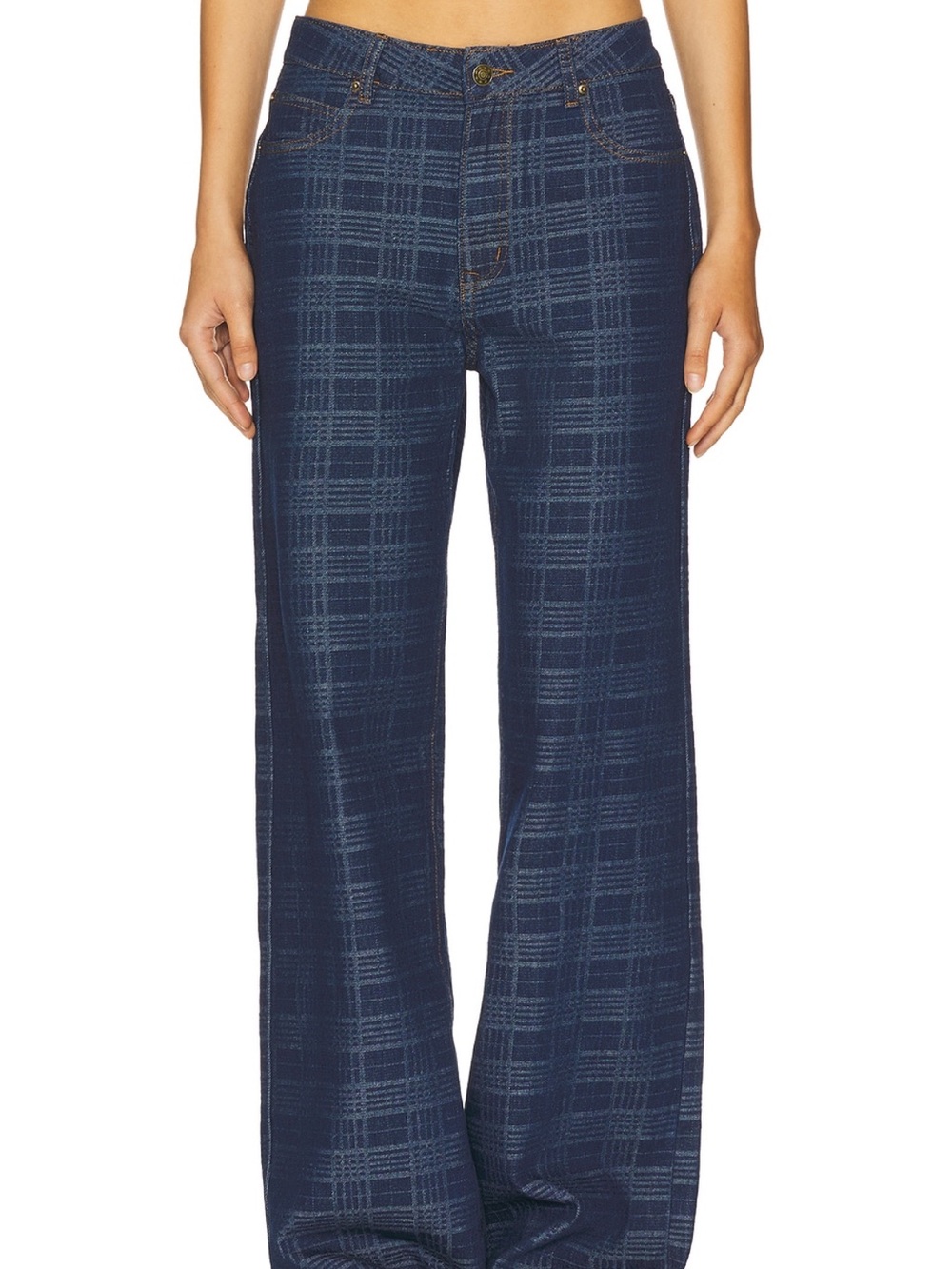 Lioness Navy Plaid Wide-Leg Jeans